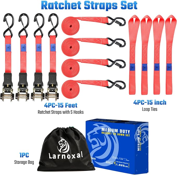 Ratchet Straps 4 Pack - 1,826 Lbs Break Strength 1 in x 15 Ft Medium Duty Ratchet Tie Down Straps with S Hooks Set for Truck, Cargo Van, Trailer, Motorcycle (Red)
