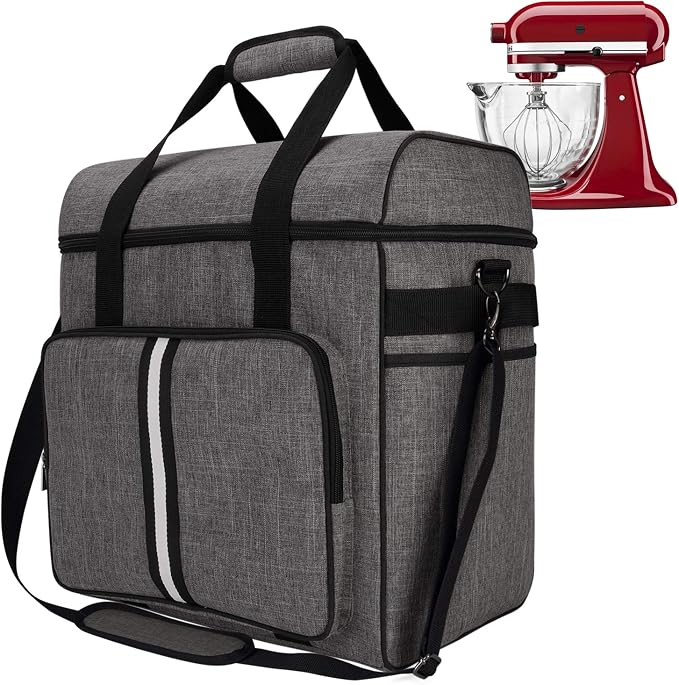 BAGLHER Heavy Duty Kitchen Mixer Cover for 4.5-5 Quart Stand Mixers, 2-in-1 Shoulder & Hand Carrying Case with Accessory Pockets (14”x9”x15”, Grey)