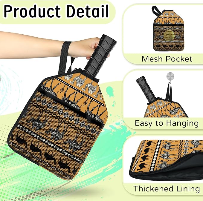 Vintage Camel Hand Painting Pickleball Paddle Cover Racket Sleeve Bag with Handle Strap Mesh Pocket 12.4 × 9.45 Inch Universal Fit for USAPA Standard Paddles for Outdoor Travel 2 PCS