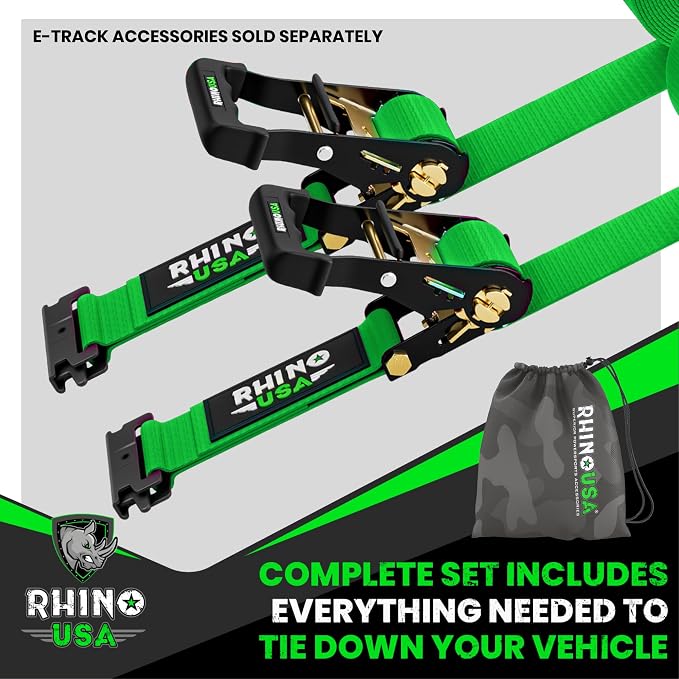 Rhino USA E Track Ratchet Tie Down Straps (4,500lb Break Strength) - Includes (2) Premium 2" x 16' eTrack Tie Downs - Ultimate Heavy Duty eTrack Cargo Strap System for Trailer, Truck, Motorcycle