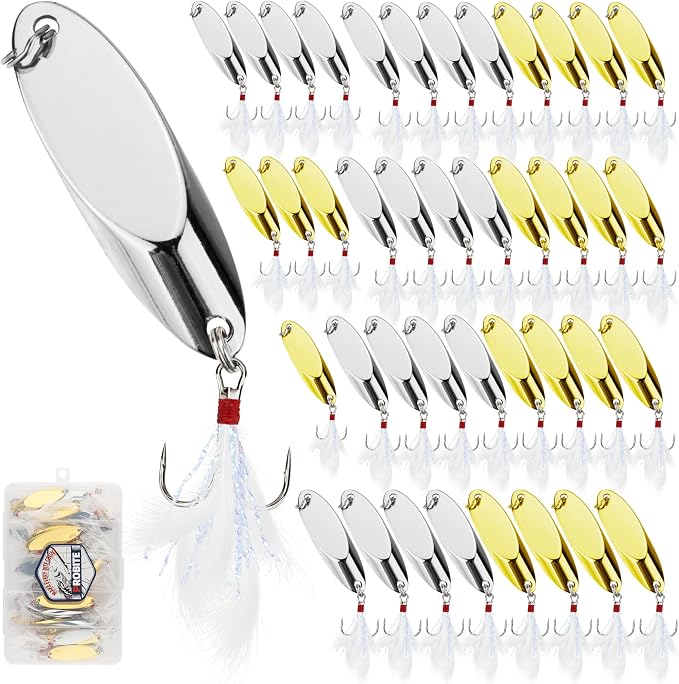 Jigging Spoon Fishing Lures 20/40PCS Kit – Metal Casting Spoon Lure Set with Treble Hooks, Mixed Sizes Spinner Baits for Saltwater & Freshwater Trout, Salmon, Bass