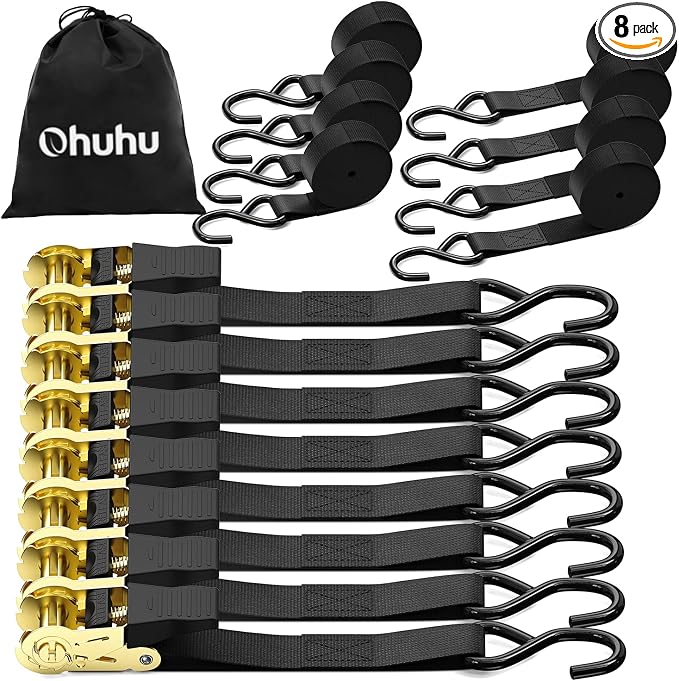 Ratchet Tie Down Strap 8-Pack 15 Ft - 500 lbs Load Cap with 1500 lbs Breaking Limit, Ohuhu Ratchet Tie Downs Logistic Cargo Straps for Moving Appliances, Motorcycle, Black
