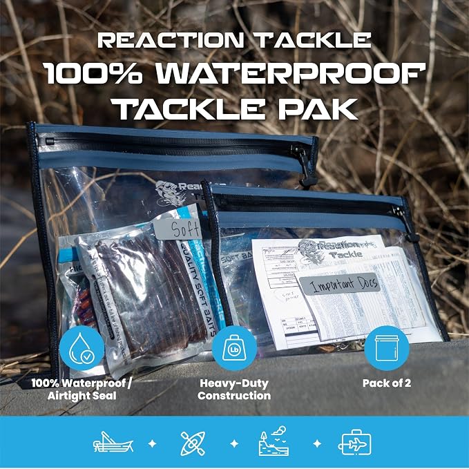 Reaction Tackle Waterproof Clear Tackle Bags, Dive Rated Zipper Submersion Proof Storage for Soft Plastics and Lures, Gusseted and Flat for Boats and Kayaks (2-Pack)