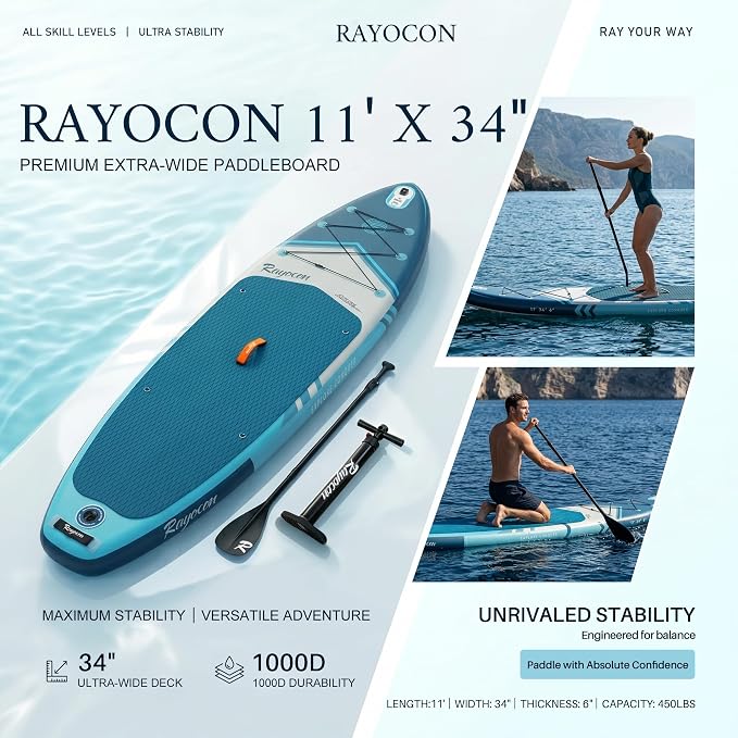 Inflatable Stand Up Paddle Board 11'×34" Extra Wide SUP, Ultra-Stable for Adults & Dog, 450lbs, Dual Chamber Pump, Fiberglass Paddle, Military Grade Dual Layer