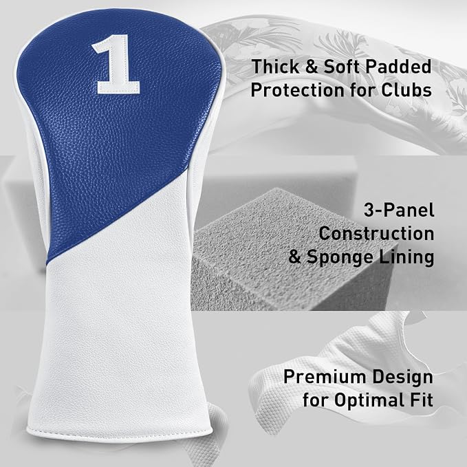 FINGER TEN Golf Club Head Covers for Woods Driver Fairway Hybrid with Interchangeable Number Tag 1 3 5 Premium Leather Headcovers for Women Men
