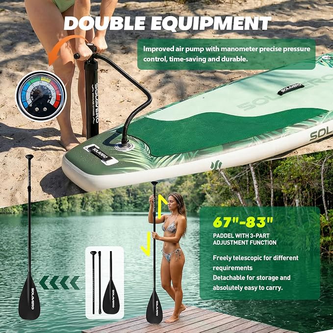 SOLAVERO Stand Up Paddle Board, 11‘ Inflatable SUP Supports 500LB - Wide Stable Board with Non-Slip EVA Deck for Adults & Youth of All Skill Levels