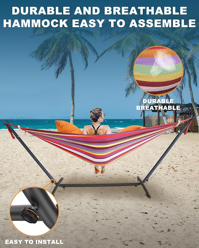 EveryFun Double Hammock with Heavy-Duty Steel Stand,Portable,Easy Assembly,600lbs Weight Capacity,Suit for Indoor,Yard,Camping,or Outdoor