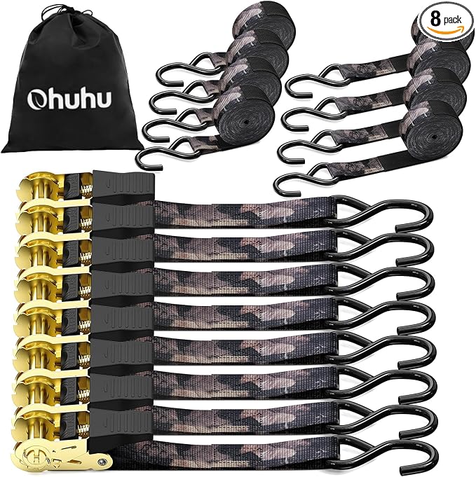 Ratchet Tie Down Strap 8-Pack 15 FT - 500 lbs Load Cap with 1500 lbs Breaking Strength Limit, Ohuhu Ratchet Tie Down Logistic Cargo Straps for Moving Appliances Cargo Motorcycle Lawn Equipment
