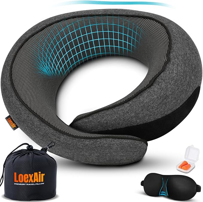 LOEXAIR™ Travel Pillow, Neck Pillow Travel for Airplane, Car - 100% Cotton Fabric & Memory Foam Plane Pillow, Lightweight & Easy-to-Carry on Flight, Full Travel Set (Eye Mask, Earplugs) - Dark Grey