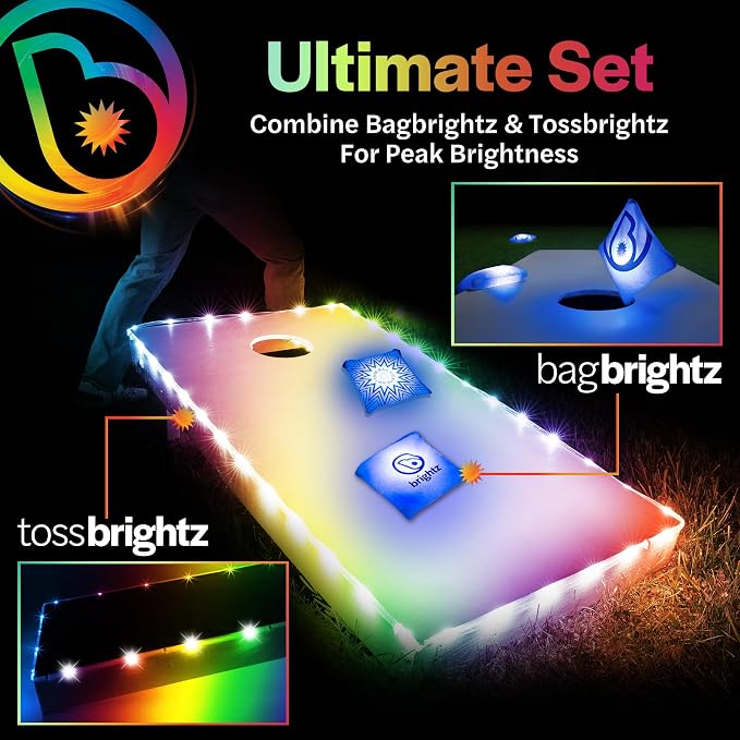 Brightz Cornhole Board Edge Lights with LED Bags - Includes 4-Pack of LED Cornhole Bags + TossBrightz Cornhole Board Edge Lights - The Ultimate Night Time Cornhole Master Set