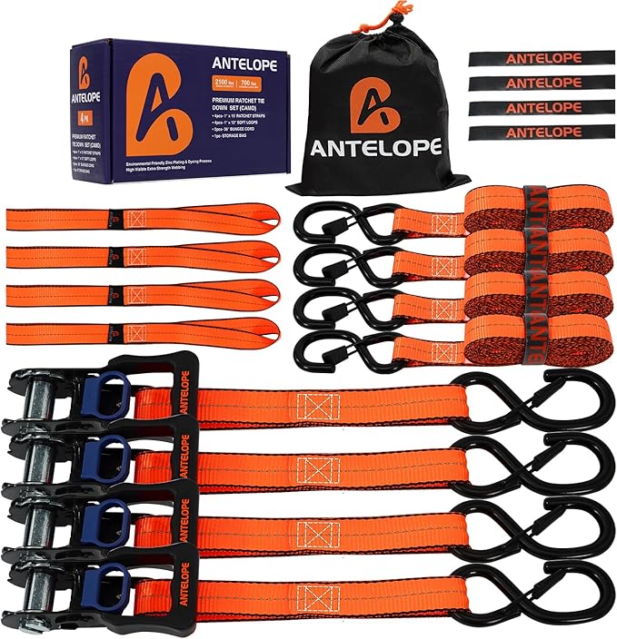 Ratchet Tie Down Straps Set, 2100 LBS Breaking Strength, 4 Pack 1" x 15' Heavy Duty Ratchet Straps, Cargo Strap, Motorcycle Straps for Trucks, Bicycle, Kayak, Moving, Tie Downs with S Hooks, Orange