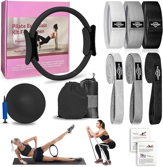 DICYWUDI Pilates Essentials Kit for Home Women, Pilates Equipment for Workouts, 6 Fabric Resistance Bands, 12 Inch Magic Circle Yoga Ring, Mini Exercise Ball, Great Exercise Equipment