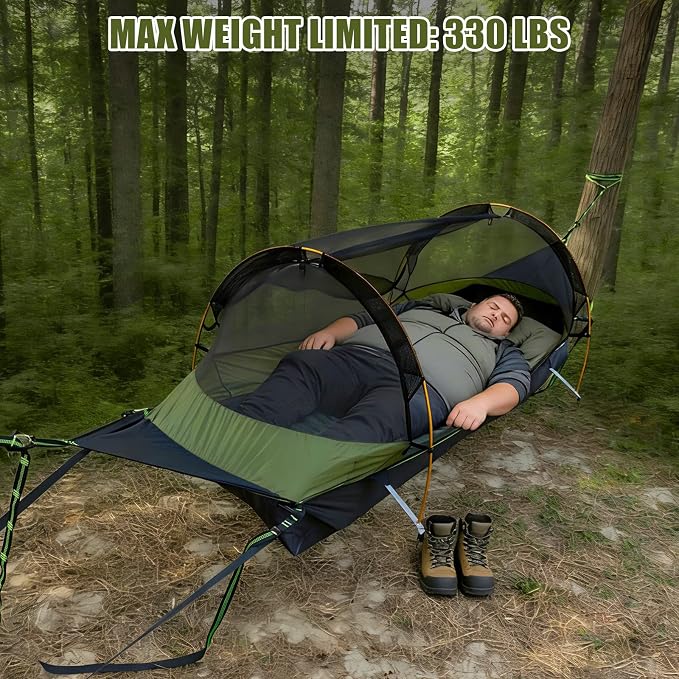 Night Cat Flat Lay Hammock Tent with Mosquito Net Waterproof Rainfly for 1 Person Backpacking Hiking Camping Lightweight 330LBS 87x28x19in