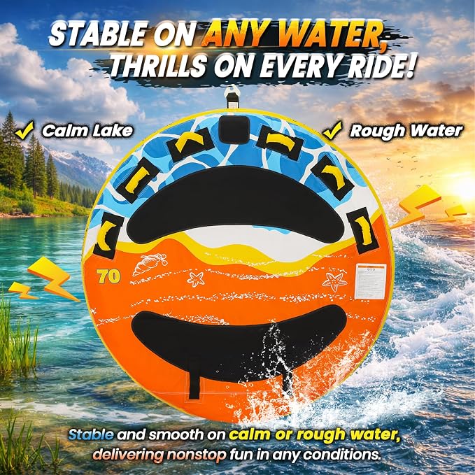 Heavy-Duty Towable Tube for Boating, Boat Tubes with Nylon Cover, Inflatable Water Sport Towables with Front Back Tow Points, Super Round Design