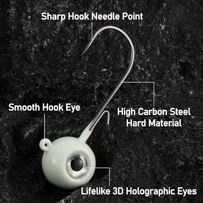 Alownder 20-Pack Fishing Walleye Jig Heads with 3D Holographic Eyes, Round Jig Heads Saltwater Freshwater Walleye jigs Live Bait jigs Bass Trout Panfish Striper Pompano Lures Hooks
