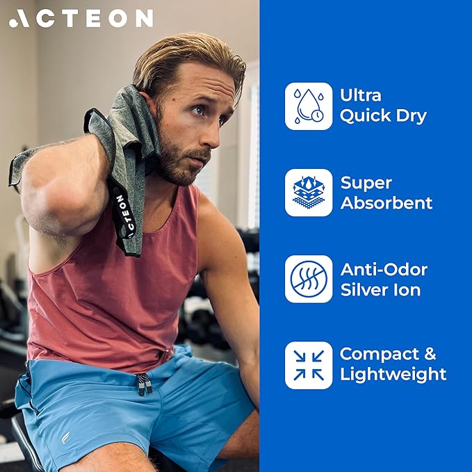 Acteon Microfiber Quick Dry Gym Towel 5 Pack, Silver ION Odor-Free Absorbent Fiber, Fast Drying, Men & Women Workout Gear for Body Sweat, Working Out, Towels Charcoal Grey