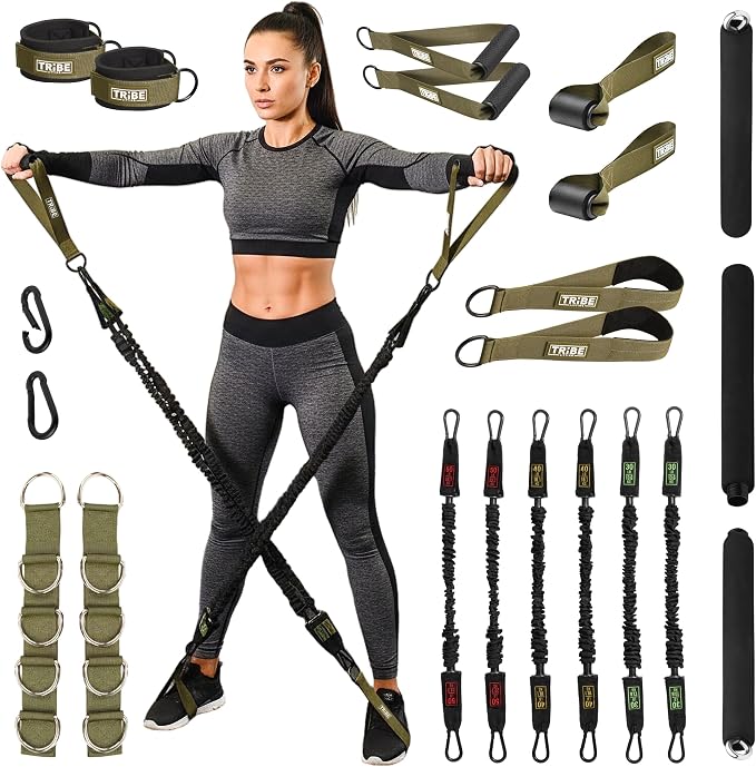 Tube Resistance Bands for Working Out Men and Women - 180lb Exercise Bands Set with Handles, Resistance Band Bar, Ankle Straps, Foot Straps, Door Anchor for Home Gym Strength