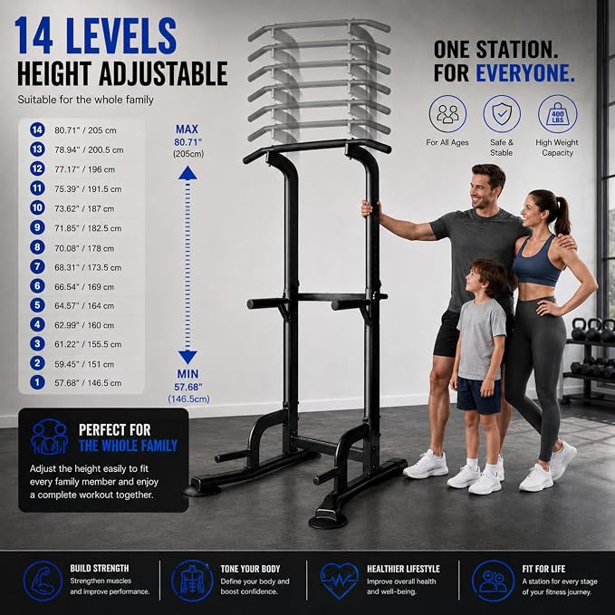 BARWING Pull Up Bar Station, Power Tower, Dip Station with 3D Backrest, Multi-Function Strength Training Stand Rack, Adjustable Height Dip Bar for Home Gym Workout Stand Fitness Exercise Equipment