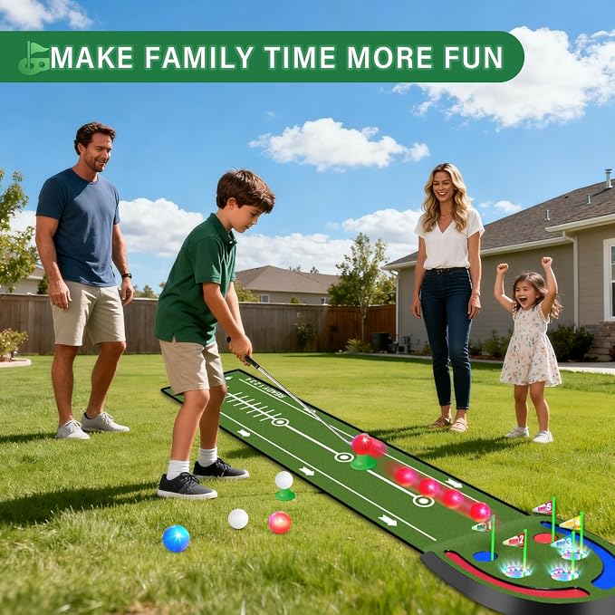 VATOS Upgraded Golf Putting Mat Indoor for kids - Golf Game Set with LED Balls, Glow Cups, Irons & Putters, Portable Putting Green Outdoor for Home Backyard Office Party, Golfing Gifts for Kids Adults
