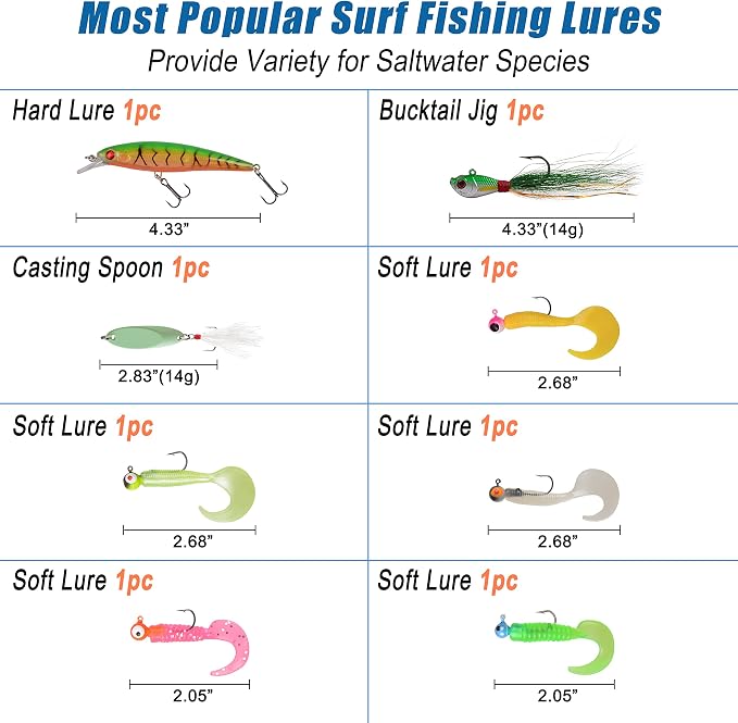 Saltwater Fishing Tackle Kit,160pcs Surf Fishing Gear Set Saltwater Lures Bucktail Jigs Fishing Bait Rigs Pyramid Sinkers Leaders Hooks Swivels Ocean Beach Fishing Accessories with Tackle Box