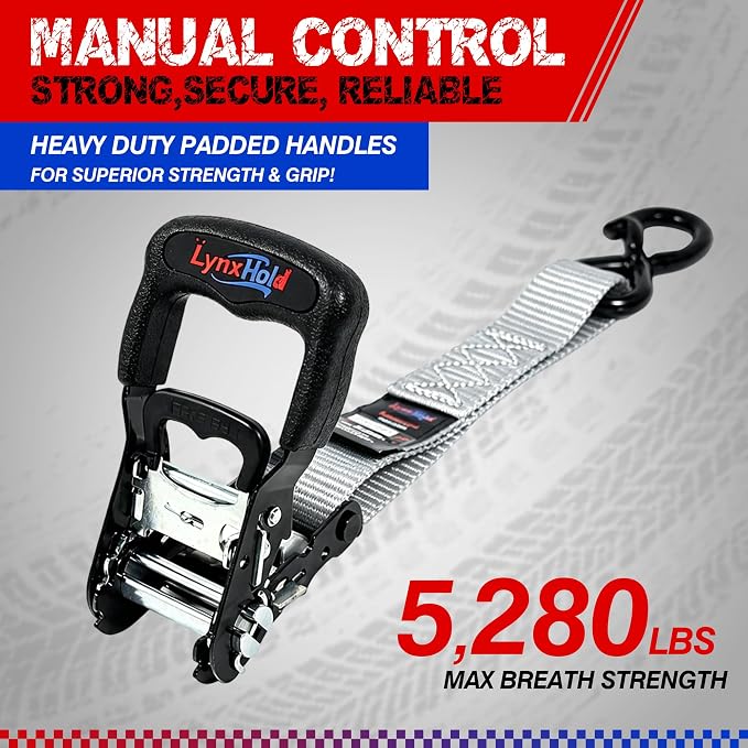 Ratchet Tie Down Straps, 5280lbs Break Strength, 1.6" x 16' Heavy Duty Ratchet Tie Down Strap Set with Padded Handles, Coated S Hook, Soft Loop for Trucks, ATV, UTV, Motorcycle, Cargo & More - Gray