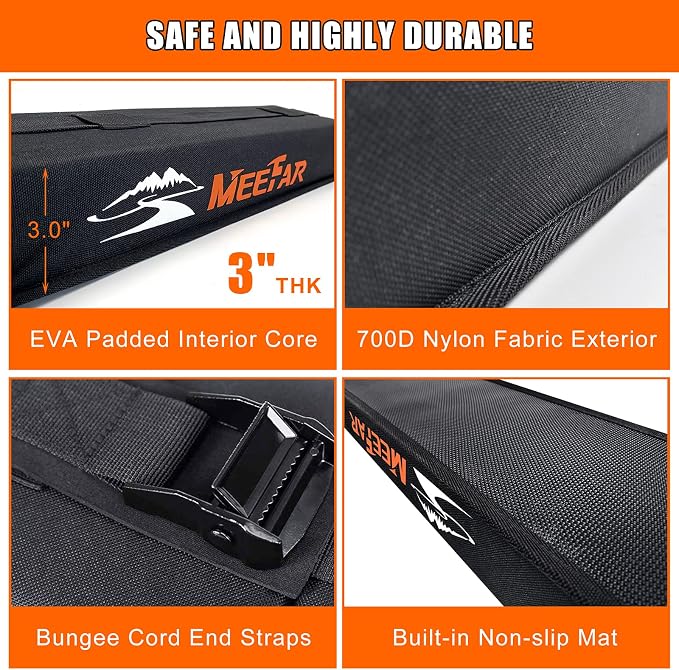 MeeFar Universal Car Soft Roof Rack Pads Luggage Carrier System for Kayak Surfboard SUP Canoe Include 2 Heavy Duty Tie Down Straps, 4 Tie Down Rope, 4 Quick Loop Strap and Storage Bag