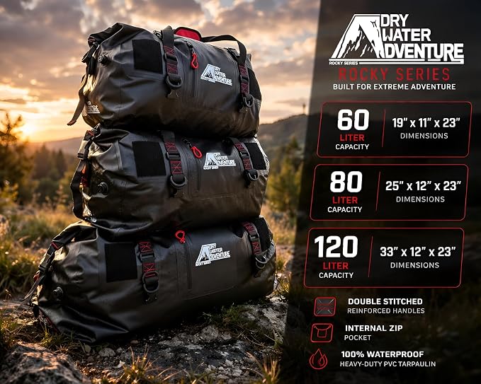 Waterproof Duffel Bag 80L - Marine Grade Dry Bag with Tie Down Straps for Motorcycle Touring, Boating, Camping | Roll Top Seal