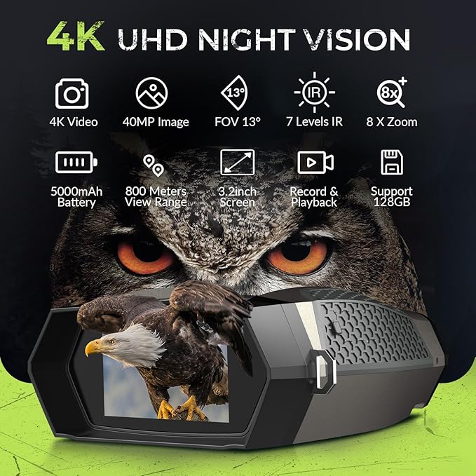 Night Vision Goggles, Night Vision Binoculars for Adults, 5000mAh Rechargeable Infrared Binoculars with 3.2'' Large Screen, 8X Digital Zoom External Flashlight for Camping