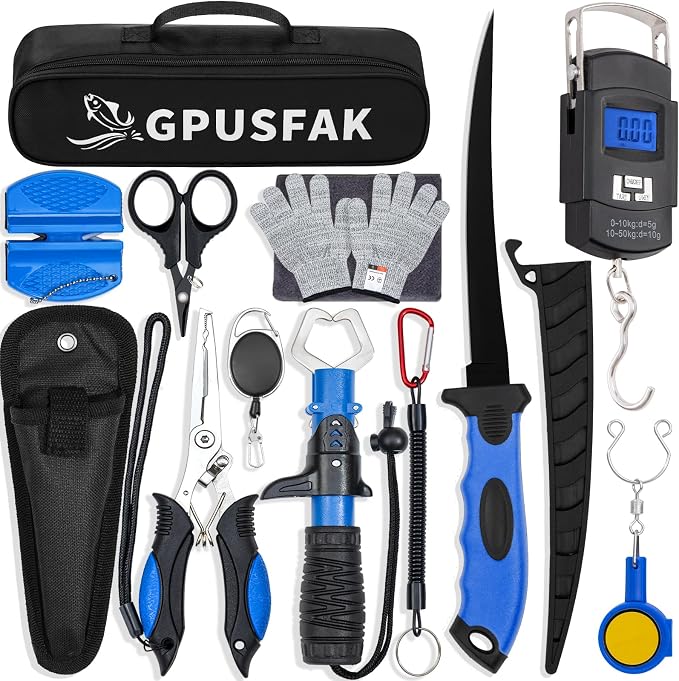 Fishing Tool Kit, 12 Pieces Fishing Gear, Fishing Pliers with Lanyard, Fillet Knife, Fish Lip Gripper, Fly Ice Fishing Hook Knotter, Anti-Cutting Gloves
