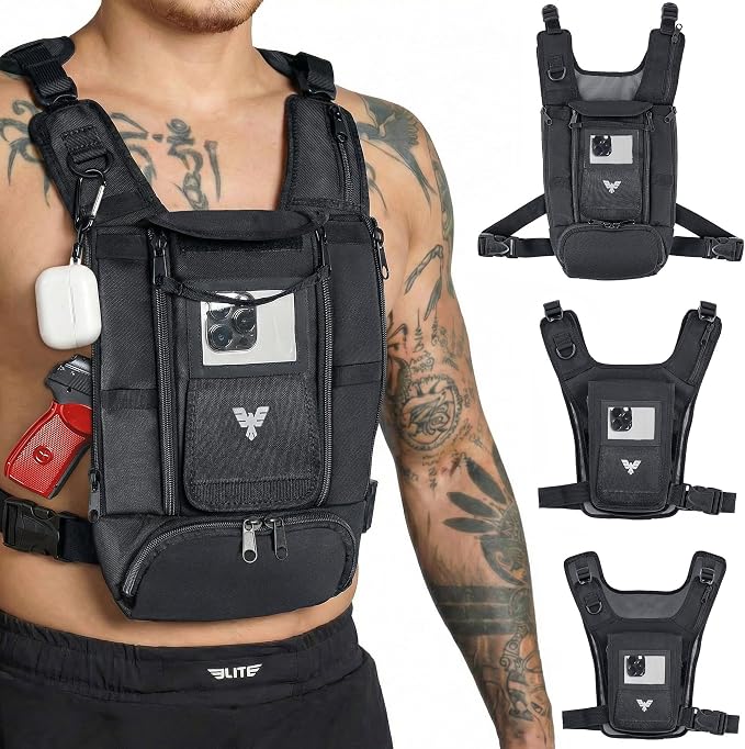 Elite Sports Running Vest w/Phone Holder, Gun Holster for Men/Women, Reflective Lightweight Chest Pack w/Touch Friendly Phone Sleeve, Camera Pocket - Chest Rig for Hiking, Trail, Marathon, Camping