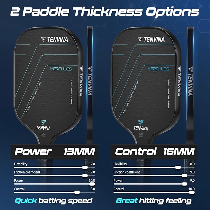 TENVINA Pickleball Paddles, Multi-Layer T700SC Textured Carbon Fiber Pickleball Paddle, Pickle Ball Paddle with Strong Spin & Power Surface, 4-Types of Shapes and Thicknesses, USAPA Approved