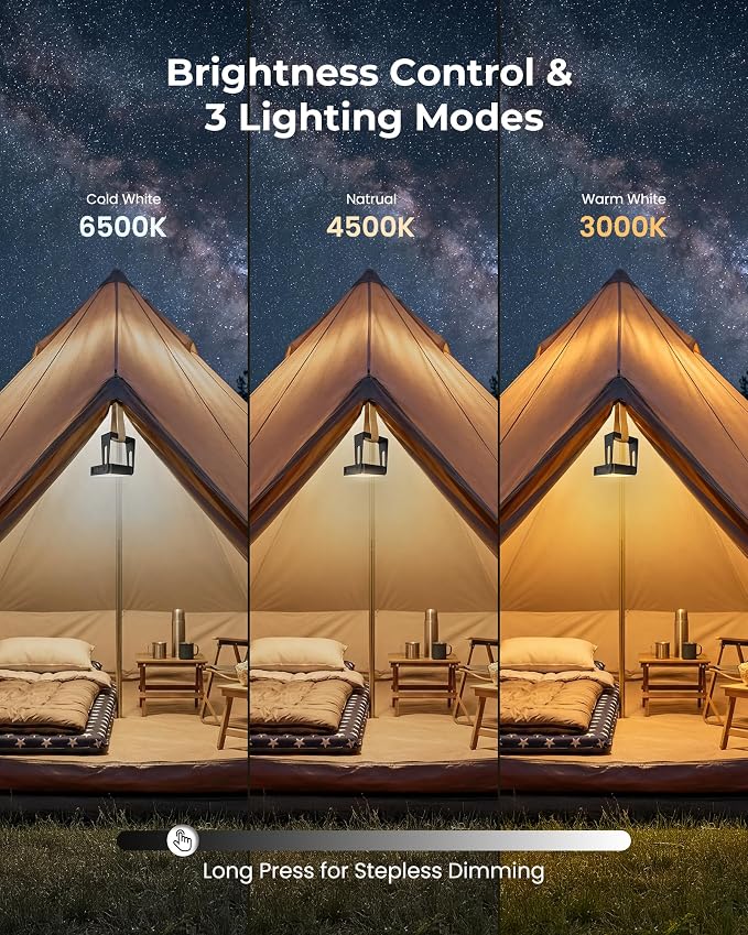 Rechargeable Camping Light Lamp, 2 Pack 4000mAh Dimmable LED Battery Powered Camping Lanterns with 360° Rotatable Stand, 2-in-1 Flashlight Emergency Lights for Home Power Outages, 3 Light Colors