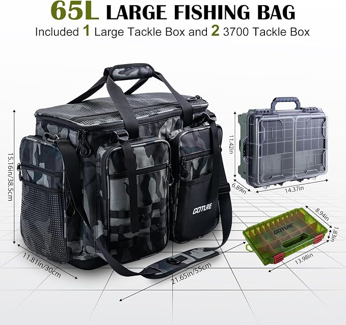 Goture Large Tackle Bag, Included 1 Utility Tackle Box and 2 3700-Size Trays, 600D Water Resistant Saltwater Gear Storage Big Fishing Bag with EVA Bottom, Removable Dividers, Fishing Gifts for Men