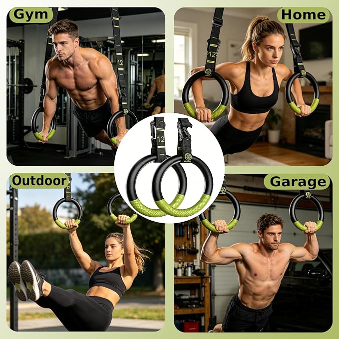 QUOLIX Gymnastic Rings with Adjustable Straps, Non-Slip Pull Up Rings with Straps, 1300lbs Exercise Rings with Straps for Home, Gymnastics Rings for Home Gym, Workout, Exercise, Training, Calisthenic