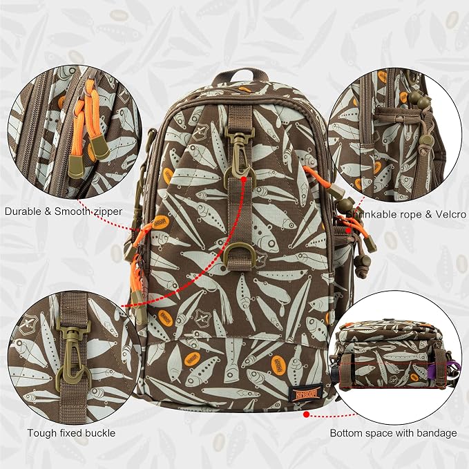 KINGDOM Fishing Tackle Storage Bag With Fishing lure Box, Water-Resistant Fishing Backpack with Rod Holder, Fishing Gear Bag