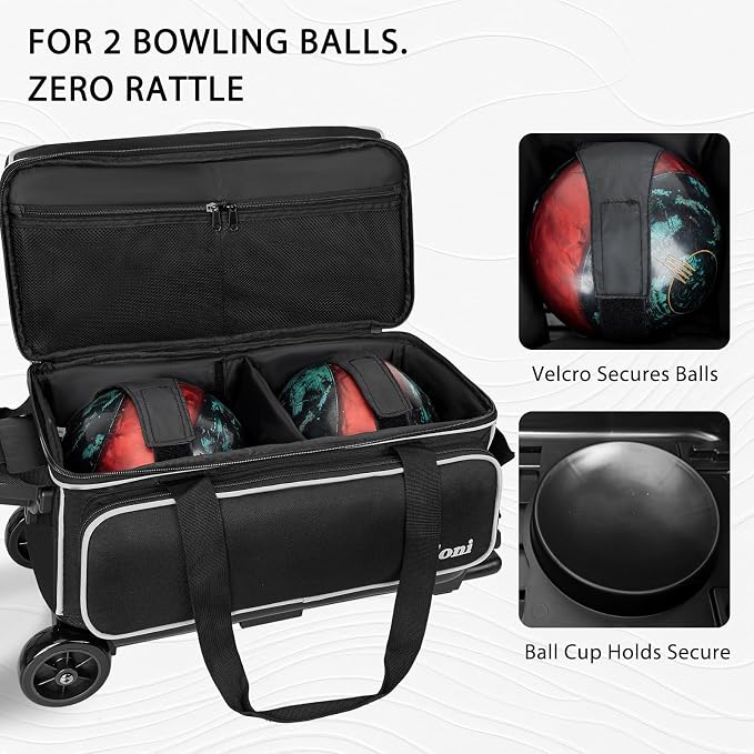 Goloni Double Roller 2 Ball Bowling Bag with Separate Shoe Compartment,2 Ball Bowling Bag with Wheels,Retractable Handle Extends to 40"