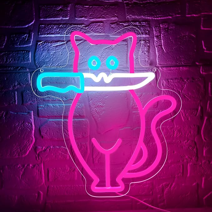 Cautiously Cat Neon Sign for Wall Decor Cat Knife Neon Light Man Cave | Dimmable Neon,Birthday Cartoon Gifts,5V USB Powered,Teen Boys Bedroom Decor,Pet Shop,Club,Bar,Shop Wall Art,11.8*13.7in