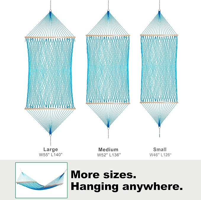 Gafete Rope Hammock 2 Person Traditional Hand Woven Outdoor Cotton Hammocks with Hardwood Spreader Bar, Max 450 lbs Capacity (Lake Aqua, Medium)