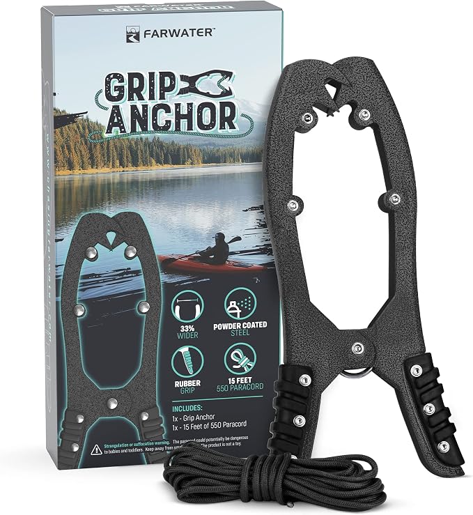 Canoe Anchor Grip - Boat, Float Tube & Kayak Fishing Accessories, Kayaking Equipment - Brush Clamp Anchor with Teeth - Gripper with 15ft Paracord - Rubber Grips - Coated Steel -