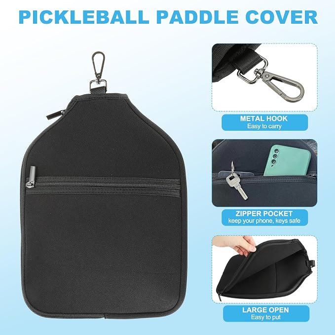 PATIKIL Pickleball Paddle Cover Universal 12.2x9.4 Inch, 2 Pack Neoprene Pickleball Racket Sleeve Paddle Storage Bag with Carrying Strap for Pickleball Paddles, Black