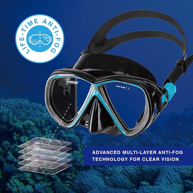 Seavenger Hanalei Anti-Fog 4-Piece Snorkeling Set with Soft-Flex Dry Snorkel, Adjustable Open-Heel Fins, Twin-Lens Mask, and Mesh Bag