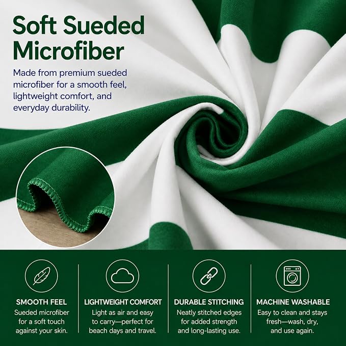 Oversized Microfiber Beach Towel 71x36 Inch, Quick Dry Sand Free Travel Towel, Lightweight Sueded Beach Blanket for Pool, Camping, Yoga & Beach Trips (Green/White)