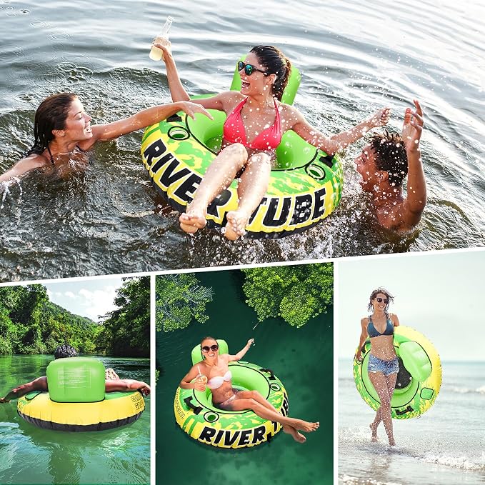 53" Heavy Duty River Tube for Floating with Canvas Cover, Tubing Floats for Lake Pool, Inflatable Water Tube for Floating with Cup Holders Handles Headrest, River Raft Carry 300lb of Adults