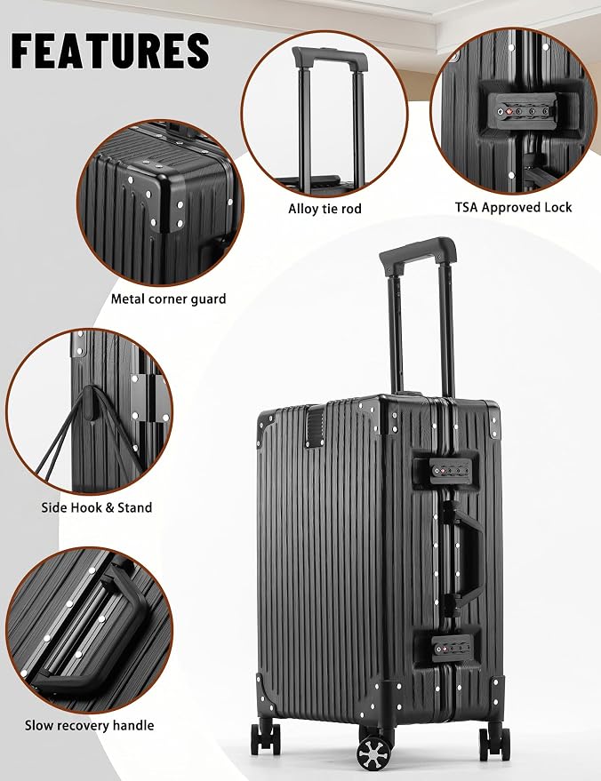 Carry On Luggage 22x14x9 Airline Approved, 20 Inch Zipperless Hard Shell Suitcase with Aluminum Frame, TSA Lock & Spinner Wheels, Lightweight Carry-On Luggage for Travel, Black