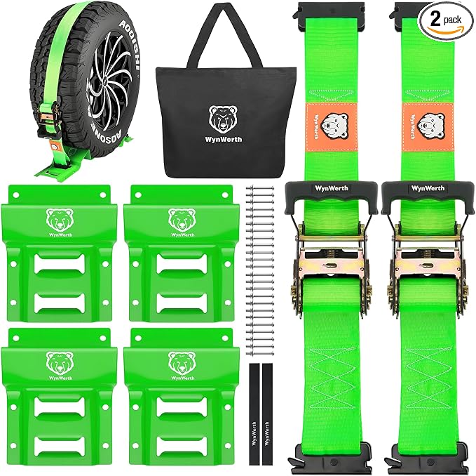 Wheel Chock Tie Down Straps kit for Trailers, E-Track Heavy-Duty Wheel Tie-Down Set for Lawn UTV ATVs, SUV,Mowers and Tractors – 4500 lbs Break Strength, 2-Pack 2in x 8ft,Green