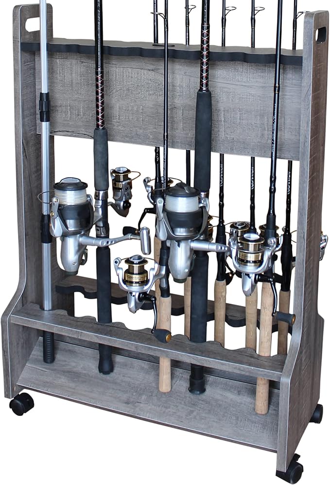 Rush Creek Creations Rolling Rod Holder for 16 Saltwater/Freshwater Fishing Rods, Pole Holder for Garage Organization and Room Storage, Gear and Accessories
