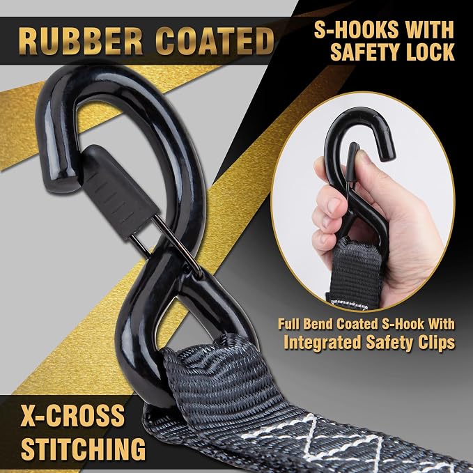 CARTMAN Ratchet Tie Down Straps, 5208lbs Break Strength, Includes 4PK Heavy Duty Ratchet Tie Downs, 4PK Soft Loop Tie-Downs, Use for Car, Truck, UTV