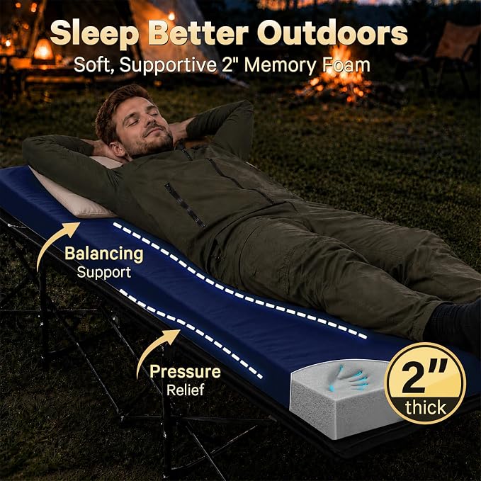 CYMULA Camping Cot Pad 2 Inch Memory Foam, Camping Pad for Folding Cot and Foldable Cot, Portable Roll Up Camp Gear for Car Camping Travel Tent, Non-Slip Waterproof Bottom, Removable Cover, Pad Only