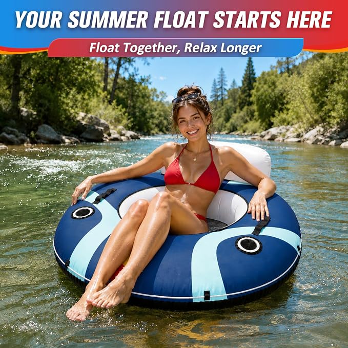 ZEALFEEL River Tube, 53'' River Float Tube with Premium Canvas Cover, Comfortable Backrest, 2 Built-in Cup Holders, Tow Strap & Handles, Inflatable PVC Water Inner Tubes for Adults Lake Pool Floating
