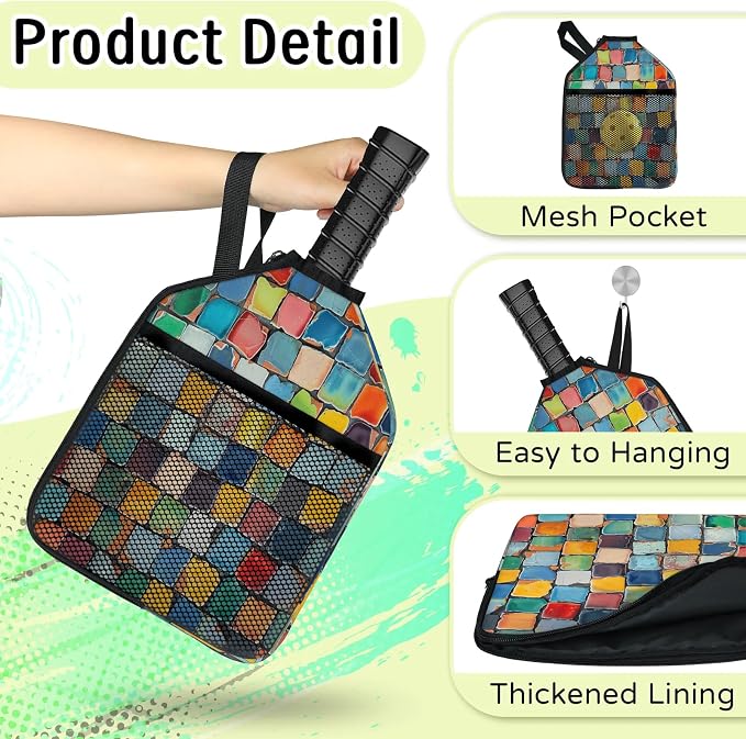 Colorful Titles Wall Universal Pickleball Paddle Cover 12.4 × 9.45 inch Racket Sleeve with Handle Strap Mesh Pocket Fits USAPA Standard Widebody Paddles 2 PCS